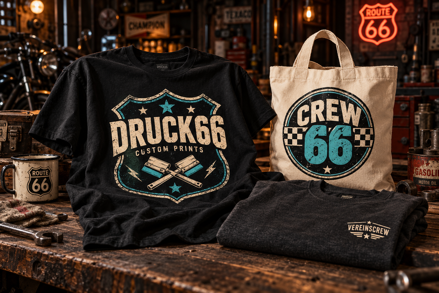 Druck66-Beispielmotive: bedruckte Shirts und Stoffbeutel im Route-66-Vintage-Stil